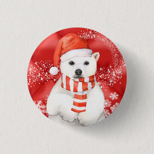 polar bear in a santa cap - snowflakes w white button
