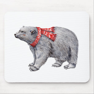 Polar Bear in Red Scarf Mousepad