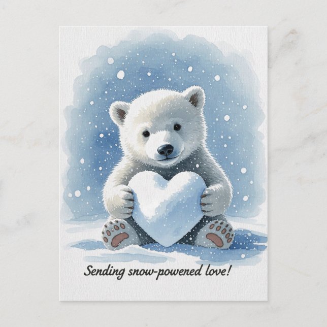 Polar bear in the snow with heart shaped snowball postkarte (Vorderseite)