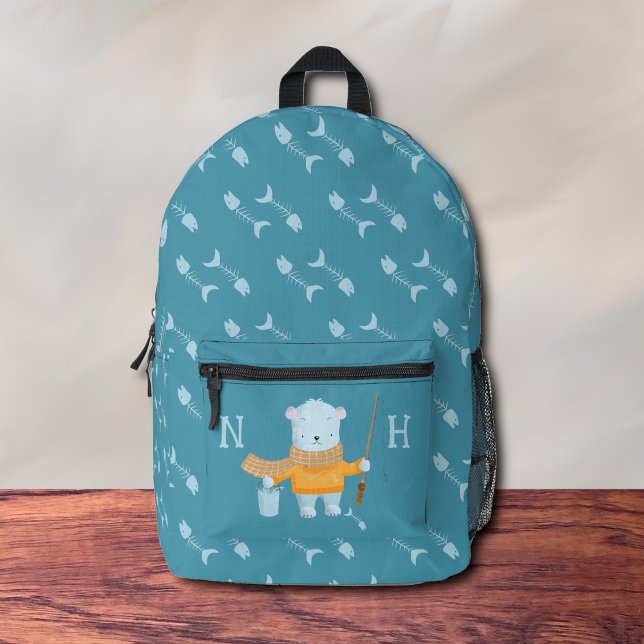 Polar Bear Kid Blue Backpack Bedruckter Rucksack (Adorable kid blue backpack with a polar back holding a fishing rod .
)