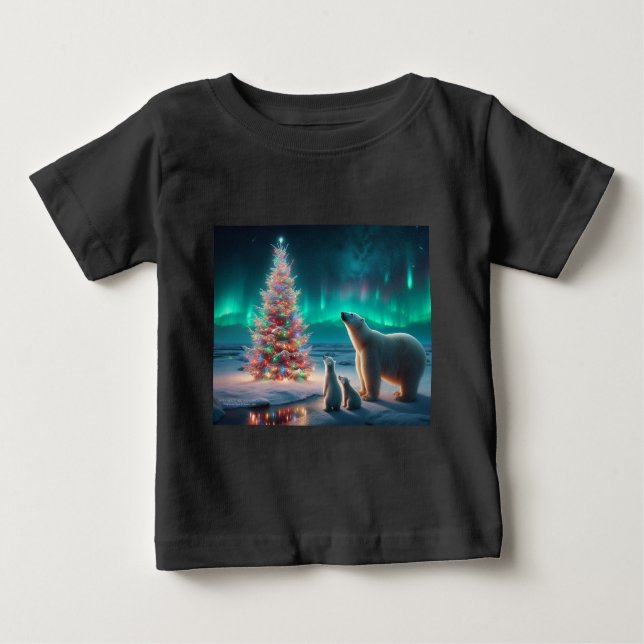 Polar Bear Mama Cubs Weihnachtsbaum Aurora Boreali Baby T-shirt (Vorderseite)