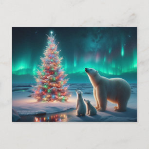 Polar Bear Mama Cubs Weihnachtsbaum Aurora Boreali Feiertagspostkarte