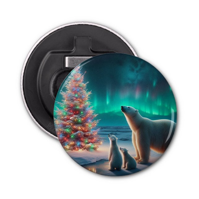 Polar Bear Mama Cubs Weihnachtsbaum Aurora Boreali Flaschenöffner (Vorderseite)