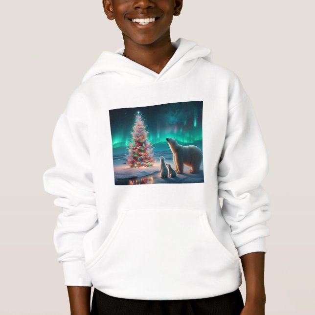 Polar Bear Mama Cubs Weihnachtsbaum Aurora Boreali Hoodie (Vorderseite)