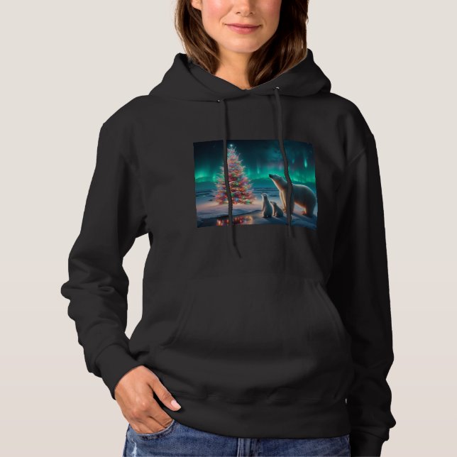 Polar Bear Mama Cubs Weihnachtsbaum Aurora Boreali Hoodie (Vorderseite)