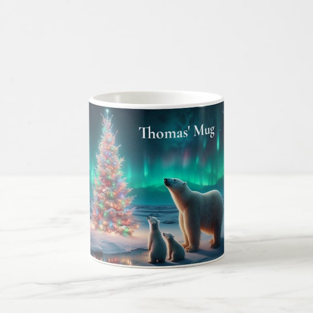Polar Bear Mama Cubs Weihnachtsbaum Aurora Boreali Kaffeetasse (Mittel)