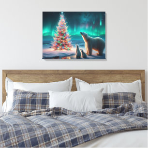 Polar Bear Mama Cubs Weihnachtsbaum Aurora Boreali Leinwanddruck