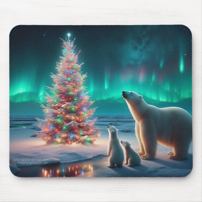 Polar Bear Mama Cubs Weihnachtsbaum Aurora Boreali Mousepad (Vorne)