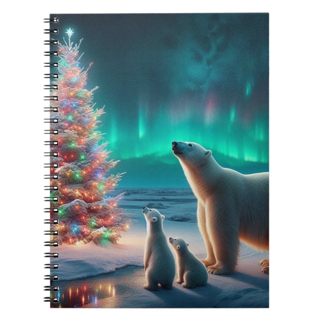 Polar Bear Mama Cubs Weihnachtsbaum Aurora Boreali Notizblock (Vorderseite)