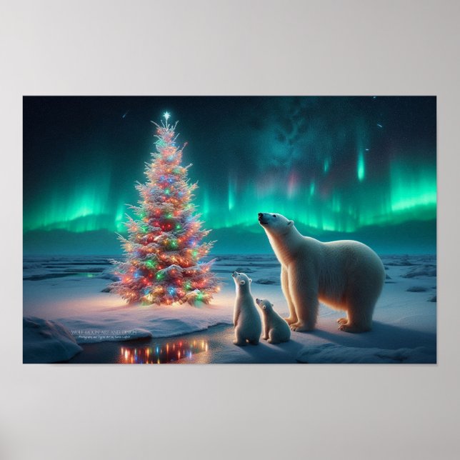 Polar Bear Mama Cubs Weihnachtsbaum Aurora Boreali Poster (Vorne)