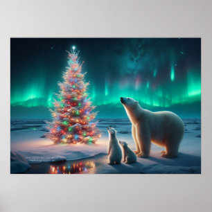 Polar Bear Mama Cubs Weihnachtsbaum Aurora Boreali Poster
