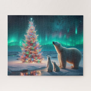Polar Bear Mama Cubs Weihnachtsbaum Aurora Boreali Puzzle