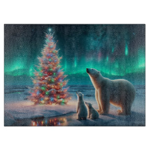 Polar Bear Mama Cubs Weihnachtsbaum Aurora Boreali Schneidebrett