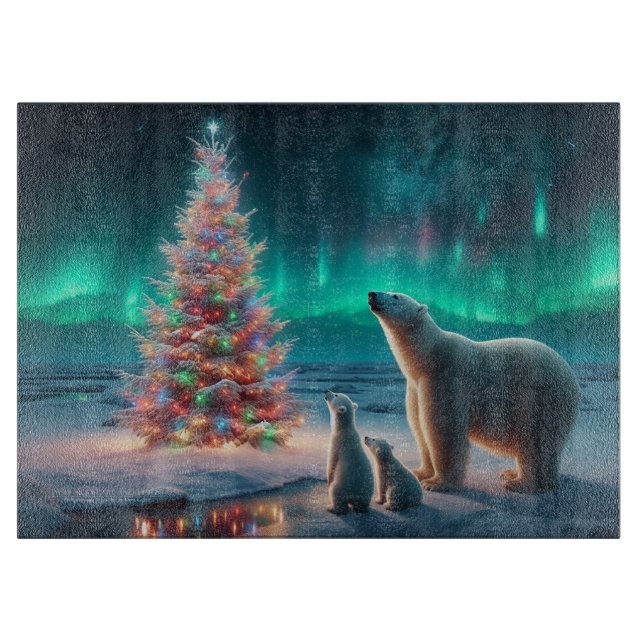 Polar Bear Mama Cubs Weihnachtsbaum Aurora Boreali Schneidebrett (Vorderseite)