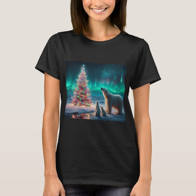 Polar Bear Mama Cubs Weihnachtsbaum Aurora Boreali T-Shirt (Vorderseite)