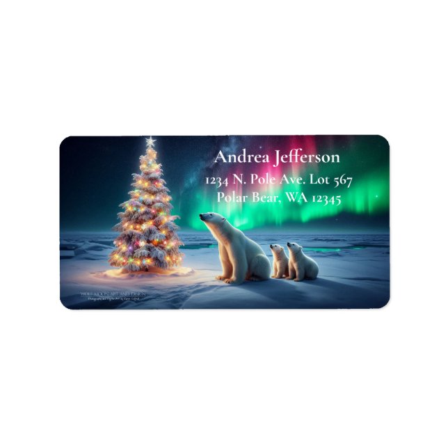 Polar Bear Mama Cubs Weihnachtsbaum Nordlichter Adressaufkleber (Vorne)