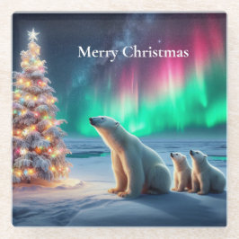 Polar Bear Mama Cubs Weihnachtsbaum Nordlichter Glasuntersetzer