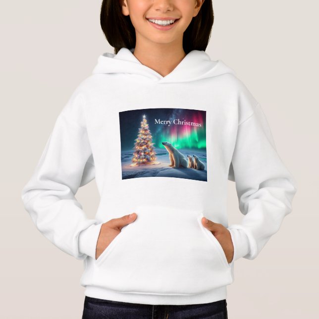 Polar Bear Mama Cubs Weihnachtsbaum Nordlichter Hoodie (Vorderseite)