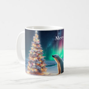 Polar Bear Mama Cubs Weihnachtsbaum Nordlichter Kaffeetasse
