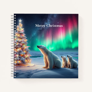 Polar Bear Mama Cubs Weihnachtsbaum Nordlichter Notizbuch