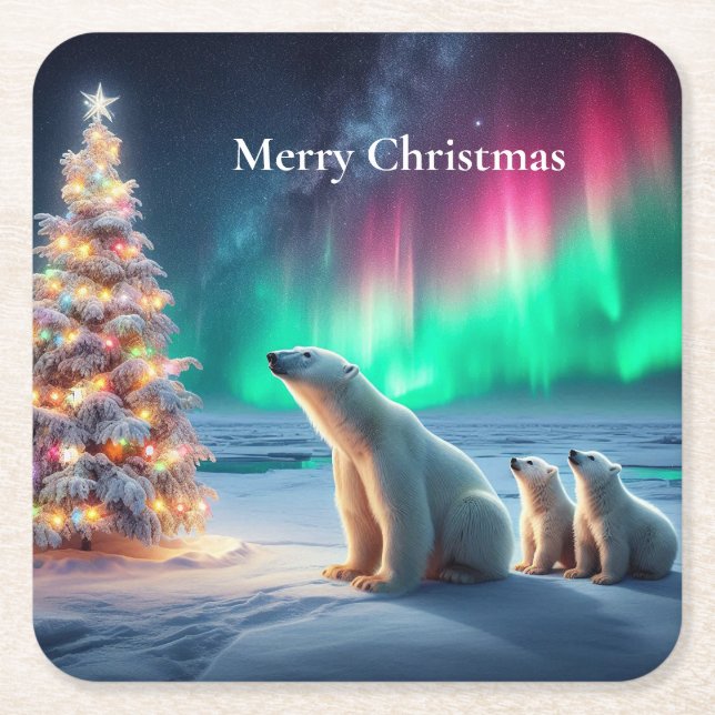 Polar Bear Mama Cubs Weihnachtsbaum Nordlichter Rechteckiger Pappuntersetzer (Vorderseite)