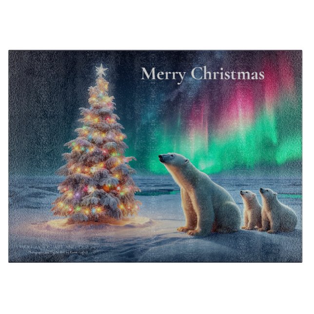 Polar Bear Mama Cubs Weihnachtsbaum Nordlichter Schneidebrett (Vorderseite)