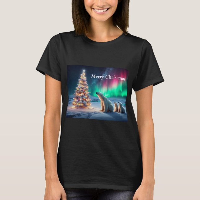 Polar Bear Mama Cubs Weihnachtsbaum Nordlichter T-Shirt (Vorderseite)