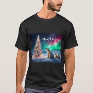 Polar Bear Mama Cubs Weihnachtsbaum Nordlichter T-Shirt
