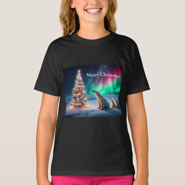 Polar Bear Mama Cubs Weihnachtsbaum Nordlichter T-Shirt (Vorderseite)
