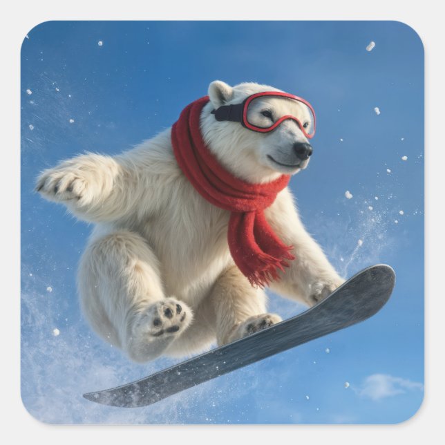 Polar Bear Mid-air on a Snowboard Quadratischer Aufkleber (Vorderseite)
