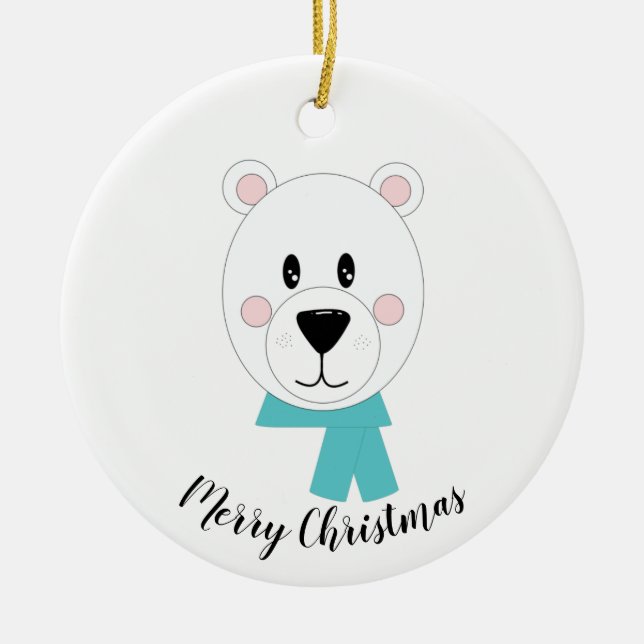 Polar Bear mit Aquamarinem Scarf Keramik Ornament (Vorne)