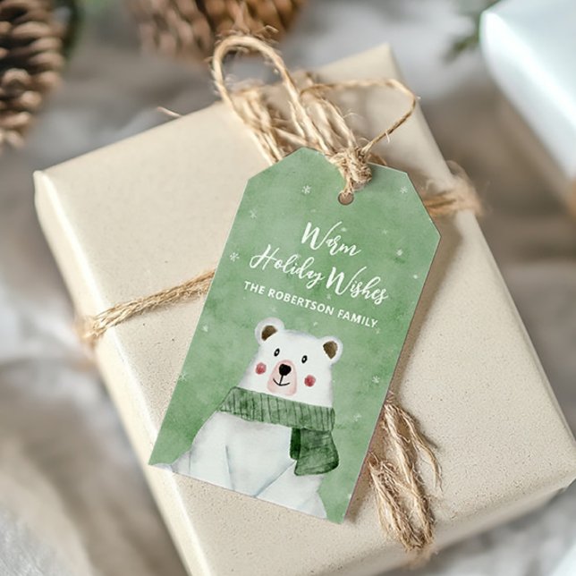 Polar Bear mit grünem Scarf Warme Urlaubswünsche Geschenkanhänger (Von Creator hochgeladen)