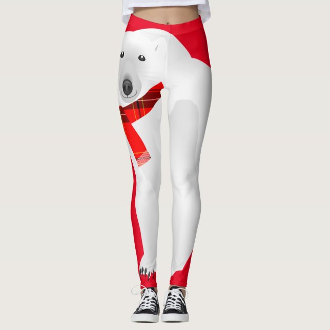 Polar Bear mit Kariertem Roter Scarf Leggings (Vorderseite)