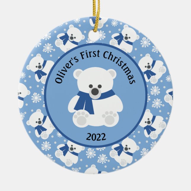 Polar Bear mit Navy Blue Scarf und Schneeflocken Keramik Ornament (Vorne)