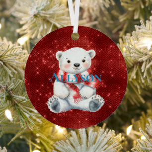 Polar Bear mit Peppermint Red White Scarf Ornament Aus Metall
