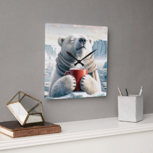 Polar Bear mit Red Coffee Tasse Quadratische Wanduhr