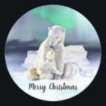 Polar Bear Mother & Baby Christmas Runder Aufkleber<br><div class="desc">Die Weihnachtsaufkleber der Polar Bear Mother & Baby zeichnen sich durch ein bezauberndes Design eines Mutter- und Babypolarbären vor schneebedeckter Kulisse aus, wobei die Northern Lights über dem Kopf blinken. Passen Sie den Text nach Wunsch an! Mit diesen Aufklebern können Sie Ferienkarten, Geschenke, Gefälligkeitstaschen usw. schmücken! Auch die passende Weihnachts-Weihnachts-Grußkarte...</div>