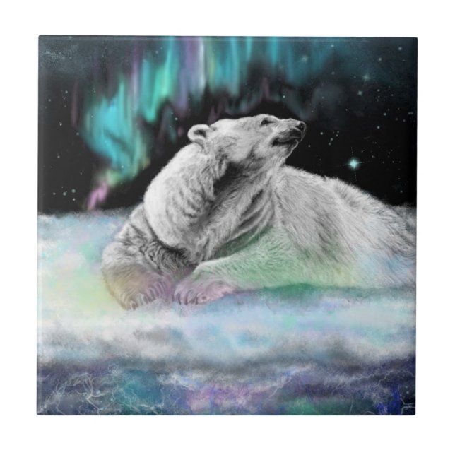 Polar Bear Night Keramik Tile - Malerei Fliese (Vorderseite)