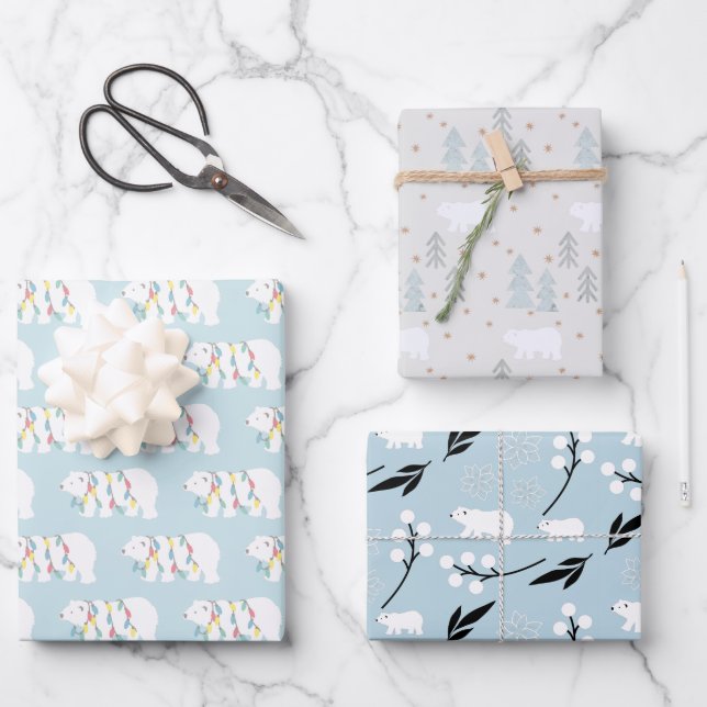 Polar Bear Patterns Blue Christmas Holiday Geschenkpapier Set (Vorderseite)