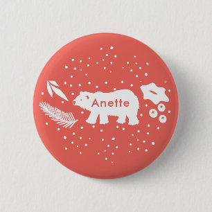Polar Bear Pine & Holly Holiday Red Button