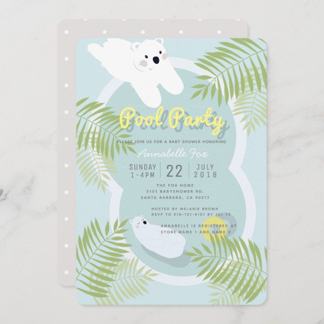 Polar Bear Pool Party Blue Baby Dusche Einladung (Vorne/Hinten)