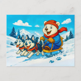 Polar Bear Racing a Husky Dog Sled Team Postkarte