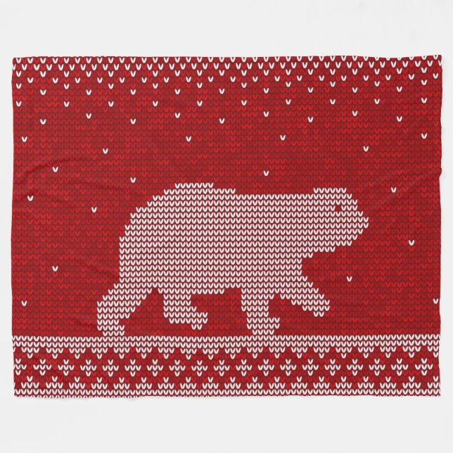 Polar Bear Red Background Knitter Style Muster Fleecedecke (Vorderseite (Horizontal))