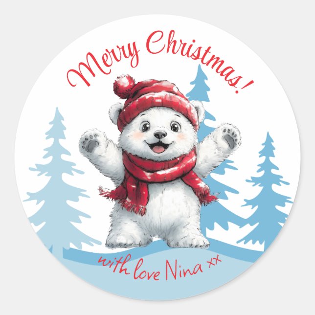 Polar Bear Red Christmas Runder Aufkleber (Vorderseite)