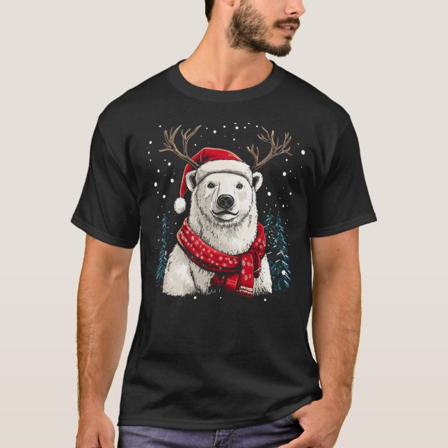 Polar Bear Reindeer Santa Hat Christmas Pajama Fun T-Shirt (Vorderseite)