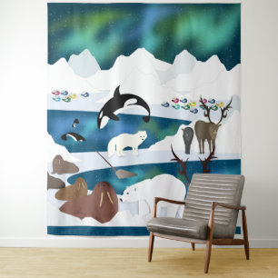 Polar Bear Reindeer Walrus Orca Narwhal Wandteppich