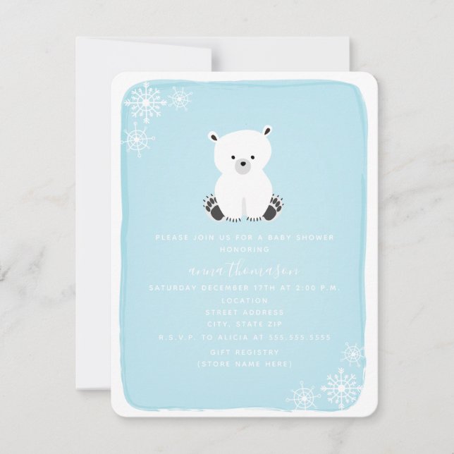 Polar Bear Snowflake Boy Baby Dusche - Blau Einladung (Vorderseite)