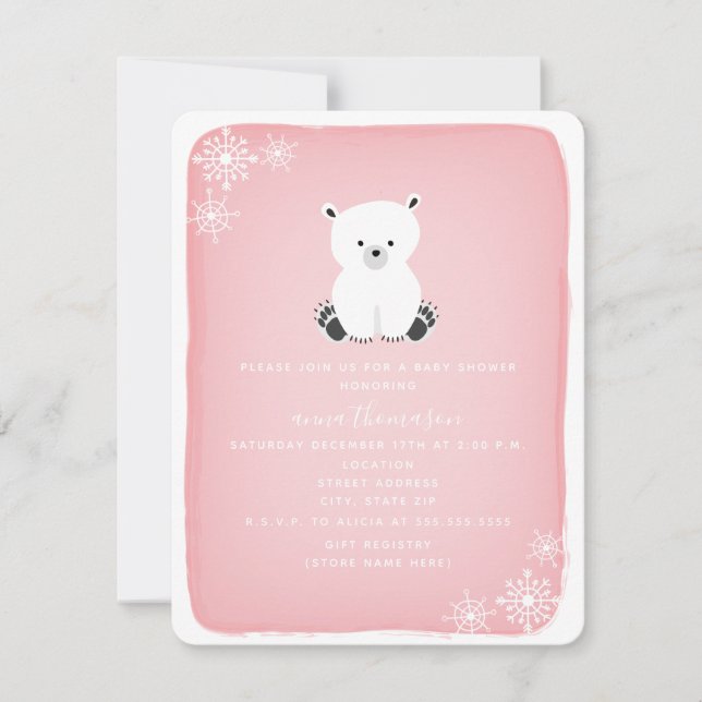 Polar Bear Snowflake Girl Babydusche - Rosa Einladung (Vorderseite)