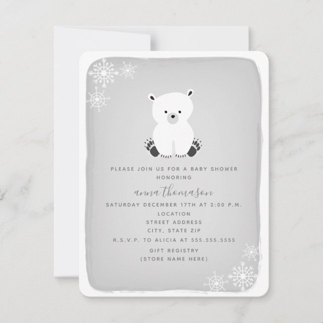 Polar Bear Snowflake Neutral Baby Shower - Grau Einladung (Vorderseite)