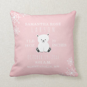 Polar Bear Snowflake Pink Baby Girl Birth Stats Kissen